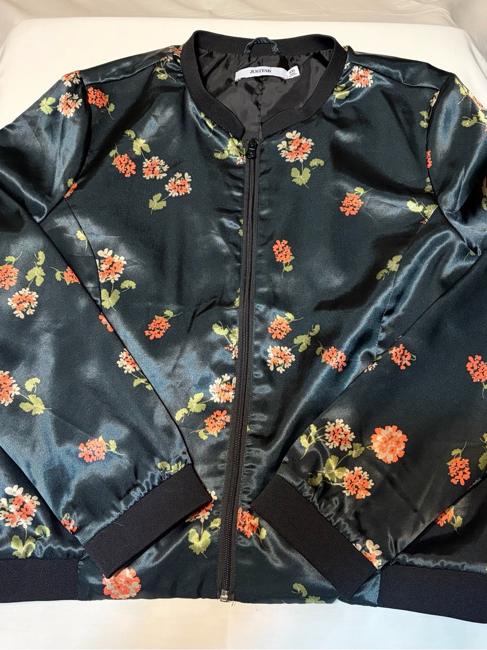 JustFab Floral Satin Bomber Jacket – XXL